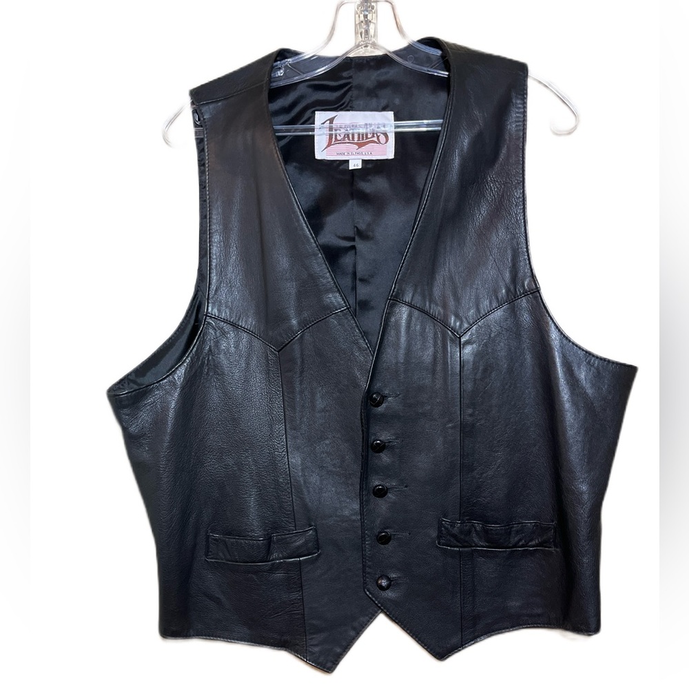 Vintage Made In USA Leather Diamond Leathers Motorcycle Black Vest Size XL 46